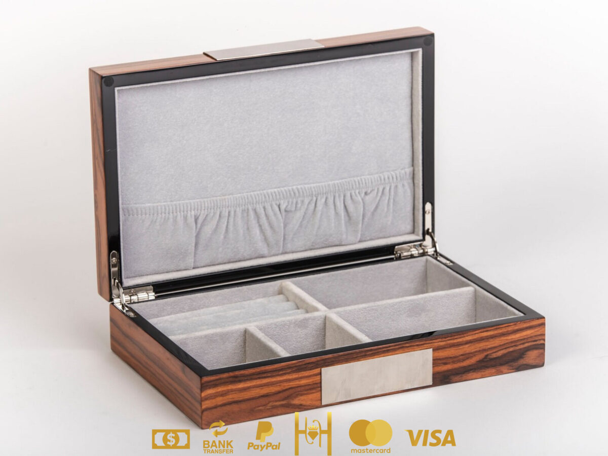 Estuche joyero fabricado en madera de Nogal con interior en gamuza color gris - Imagen 2