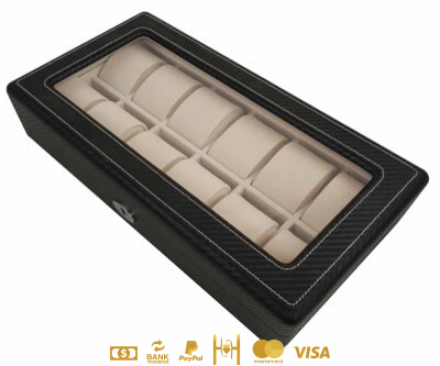 Estuche de almacenaje para 12 relojes en material PU de alta densidad tipo fibra de carbono