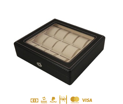 Estuche de almacenaje para 15 relojes en material PU de alta densidad tipo fibra de carbono