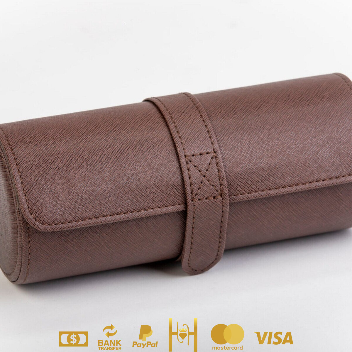 Estuche viajero de almacenaje con capacidad para 3 relojes fabricado en piel de bovino color café