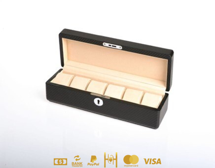 Estuche de almacenaje para 6 relojes en material PU de alta densidad tipo fibra de carbono